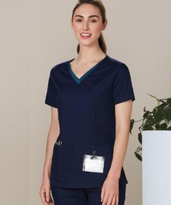 Ladies V-Neck Contrast Trim Scrub Top