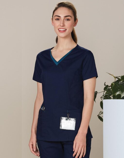 Ladies V-Neck Contrast Trim Scrub Top