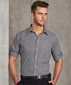 Men’s Gingham Check Long Sleeve Shirt with Roll-up Tab Sleeve