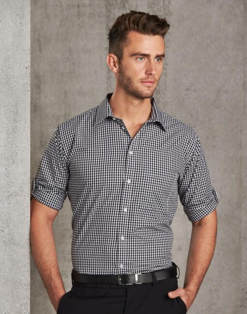 Men’s Gingham Check Long Sleeve Shirt with Roll-up Tab Sleeve