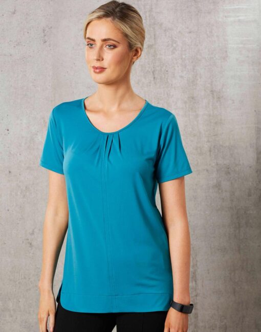 Ladies' Round Neck with Pleats S/S Knit Top