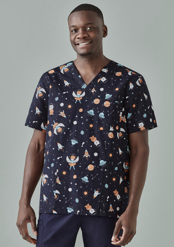 Mens Printed Space Party Scrub Top