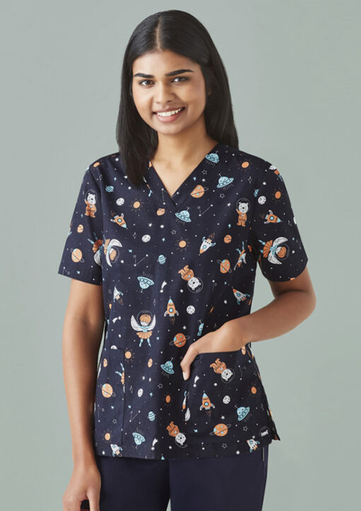 Womens Printed Space Party Scrub Top